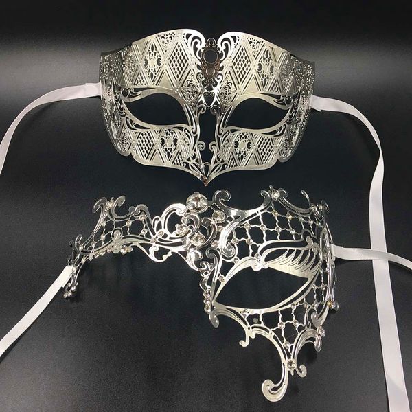 

gnhyll lover woman men's mask silver metal couple venetian masquerade masks gold ball wedding mardi gras party eye masks set
