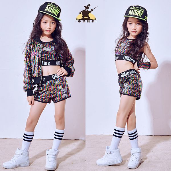 

children's day girls dance performance clothes children's sequins street dance hip-hop jazz costumes, Black;red