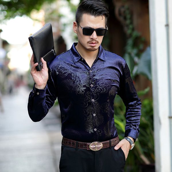 

winter shirts mens velvet dess shirts mens thick business camisa social masculina slim fit leopard print silk dress, White;black