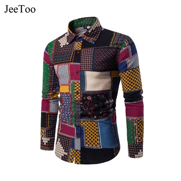 

New Clothing 2017 Fashion Vintage Print Plaid Shirt Male Dress Shirts Slim Fit Turn-Down Men Long Sleeve Mens Shirt Big Sizes
