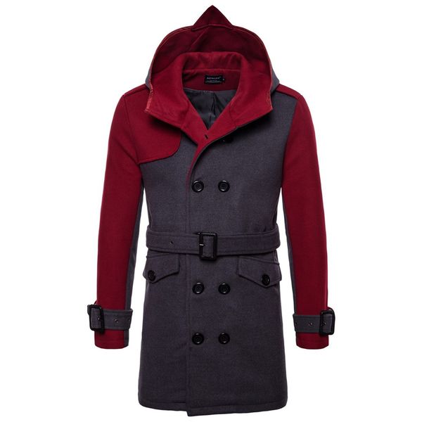 

2018 new mens fashion long sleeve color blocking belt hooded woollen overcoat double breasted patchwork coat urban clothing, Black