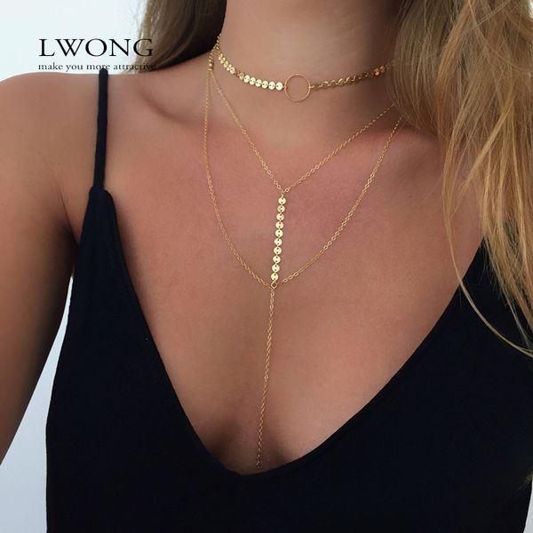 

lwong dainty gold silver color coin choker necklace delicate circle choker y lariat layered necklaces simple chain chokers hot, Golden;silver