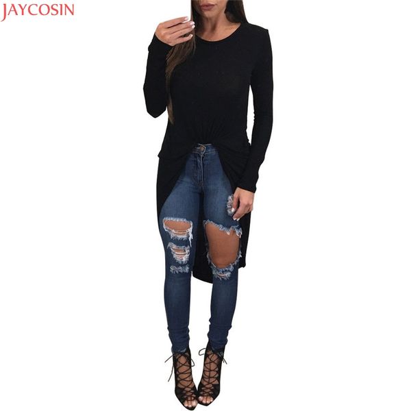

klv 2018 jaycosin dropshipping womens long sleeve o neck irregular shirt casual loose t-shirt, White