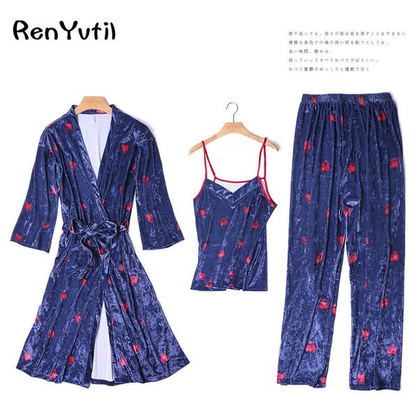 

2019 pleuche strawberry velvet 3 pieces set autumn winter pajamas women long sleeve pyjamas suit ladies sleepwear pijama, Blue;gray