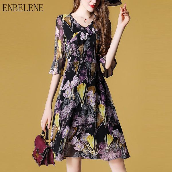 

2018 summer new chiffon dresses women floral pintting half flare sleeve dress for famale v-neck a-line dress office ladies gh498, Black;gray