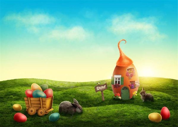 Feliz Páscoa Fairyland Bebê Crianças Fotografia Backdrops Impresso Ovos Coelhos Casa Grande Ovo Verde Grama Vinil Primavera Photo Background