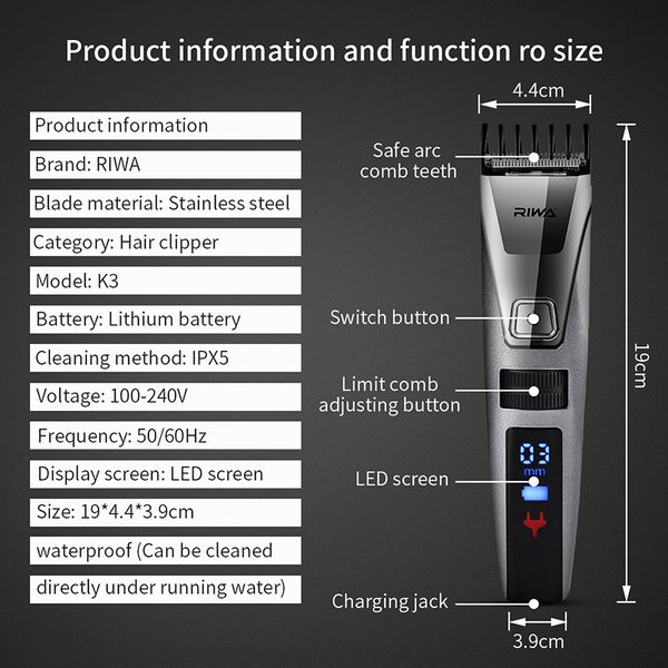 

riwa k3 100-240v lcd fast charging men's electronic trimmer professional clippers hair cutting machine for men kid