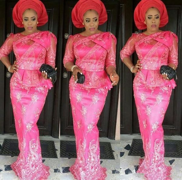 

fushia new plus size evening dresses sheer neck half sleeves mermaid prom dress sweep train appliques peplum women dresses party gown, Black