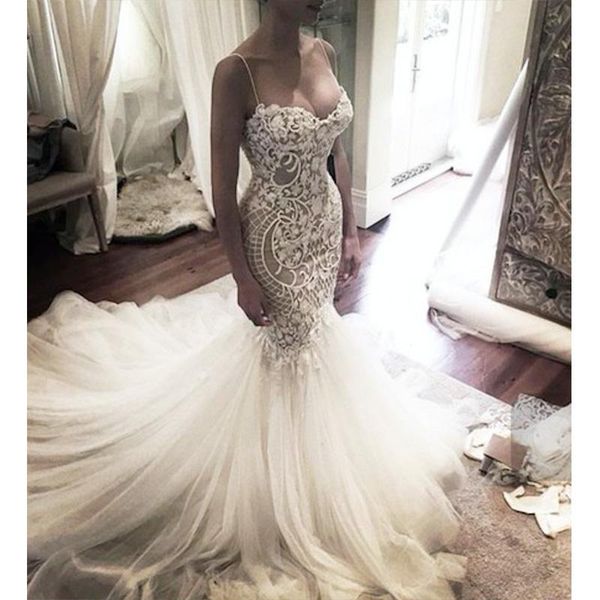 

роскошные бретельках русалка свадебные платья 2020 robe de mariage средний восток аппликации принцесса милая свадебное платье vestido де noi, White