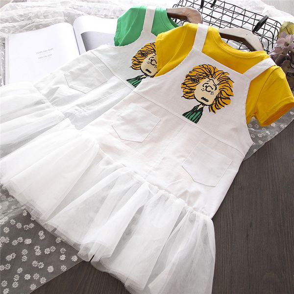 

2018 new summer item girl cute suit including t-shirt+suspender mesh dress 2pcs per set, White
