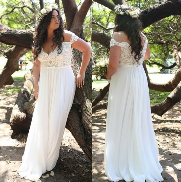 

stylish lace plus size beach wedding dresses v neck short sleeves bohemian bridal gowns a line floor length chiffon boho robe de mariÃ©e, White