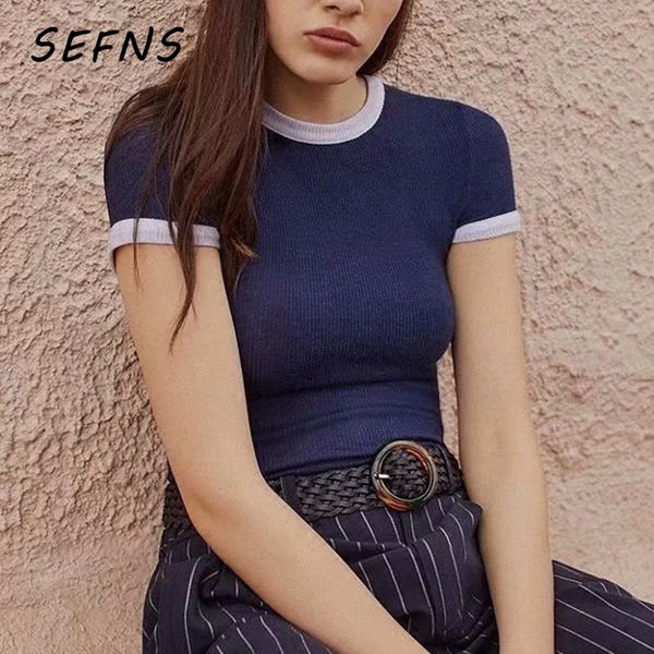 

sefns basic elastic black white splice chic t shirt summer 2018 women vintage short sleeve ladie purple streetwear tees