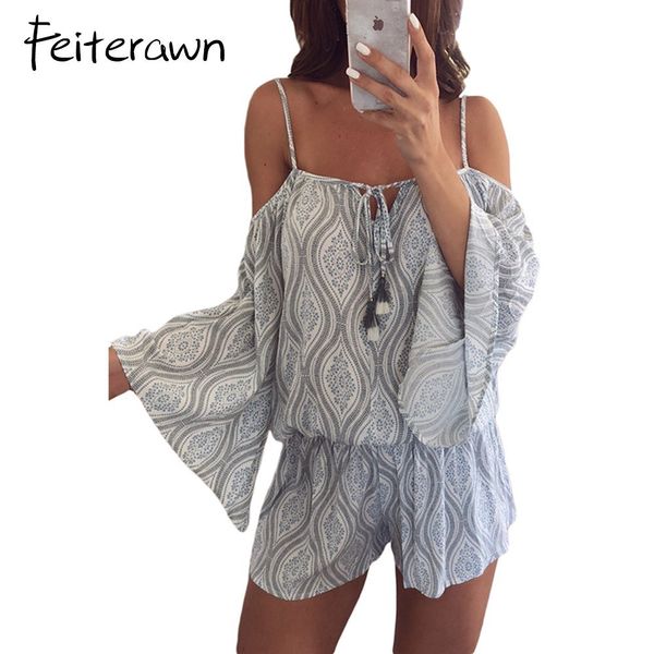 

feiterawn boho tribal print off shoulder jumpsuit lace up casual loose women bell sleeve rompers short overall playsuits, Black;white