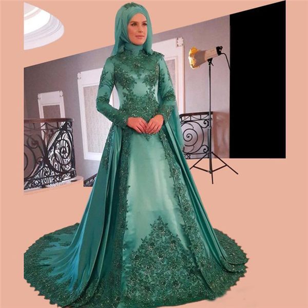 

saudi arabic muslim prom dresses high neck long sleeve beaded lace applique satin a line women evening formal wear groom mother gown, Black;red