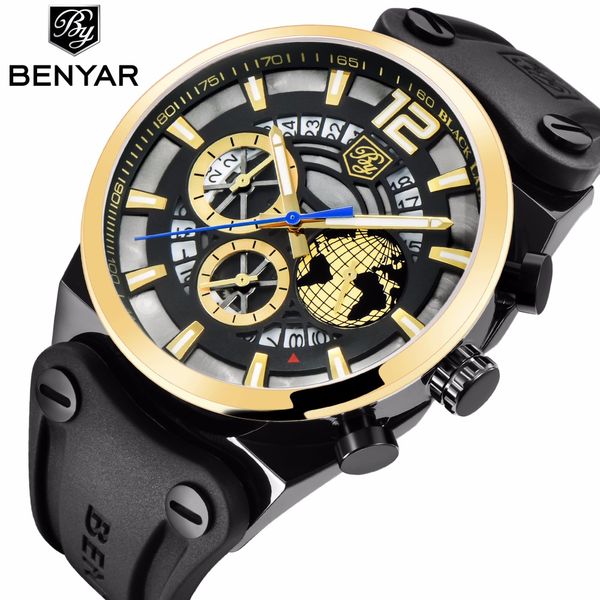 

benyar 2018 mens watches chronograph sport watch men silicone leather map quartz male clock relogio masculino, Slivery;brown