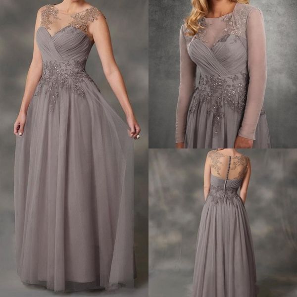 Nuovi abiti per la madre della sposa in chiffon grigio a-line Abiti in pizzo applique Abiti da sera Abito da ospite economico con giacca