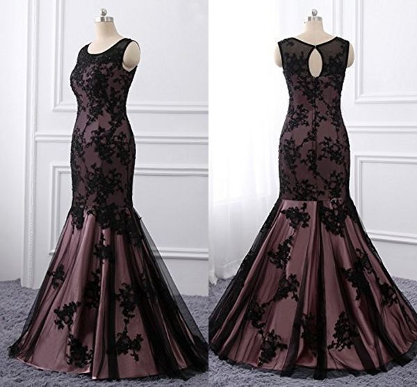 Black Lace Mermaid Evening Prom Dresses Hollow Back Applique 2018 lungo a buon mercato vestito da promenade per le ragazze foto reale abiti da red carpet abiti