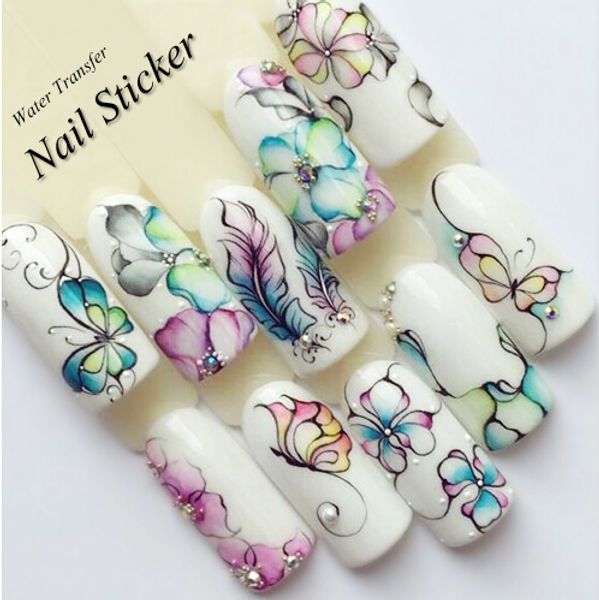

sell water decals nail art stickers flowers cartoon new designs watermark transfer red colorful manicure, Black