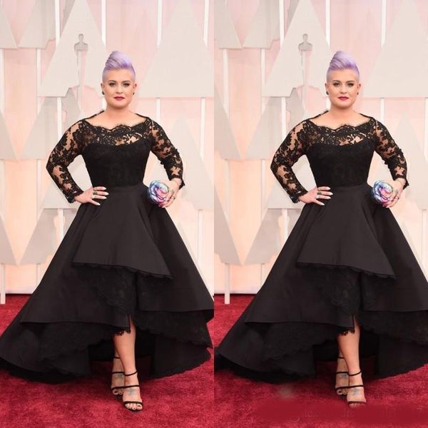 

2020 plus size long formal evening dresses oscar kelly osbourne celebrity black lace high low red carpet dresses ruffles prom party gowns, Black;red