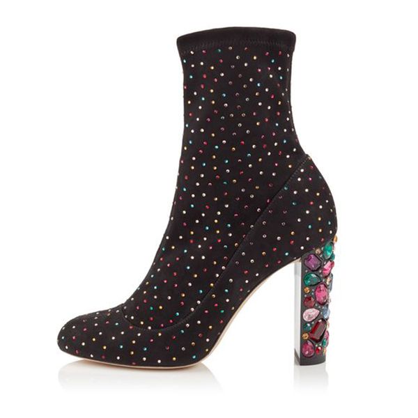 

2018 bling bling colorful crystal studded ankle boots for women runway rhinestone high heels botas spring winter sock shoes, Black