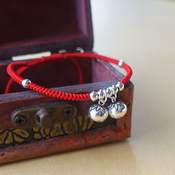 

s925 sterling sier jingle bells lucky red bracelet handmade bangle wax string amulet jewelry, Golden;silver