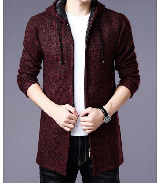 

men's clothing long knit cardigan autumn winter plus velvet thick sweater coat korean version hooded windbreaker outerwear coats jacket, Black