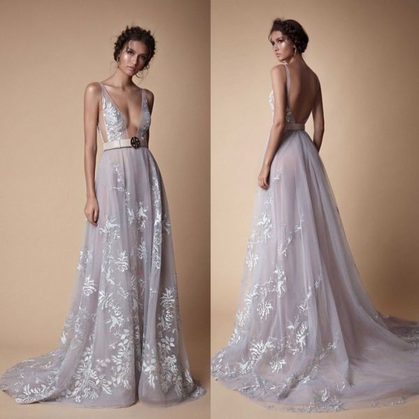 

берта невеста 2019 сексуальный пляж свадебные платья глубокий v шеи кружева аппликация boho свадебные платья тюль развертки поезд свадебное, White