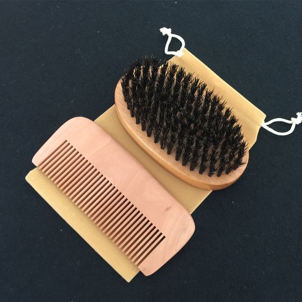 

Vintage 3in1 Boar Bristle Beard Brush & Peach Wood Comb Cotton Bag Bearded Men Travel Carry Makeup Fashion Hair Care Styling Grooming Tool