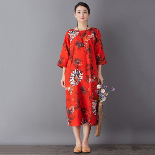 

women new retro loose chrysanthemum dress, Black;gray