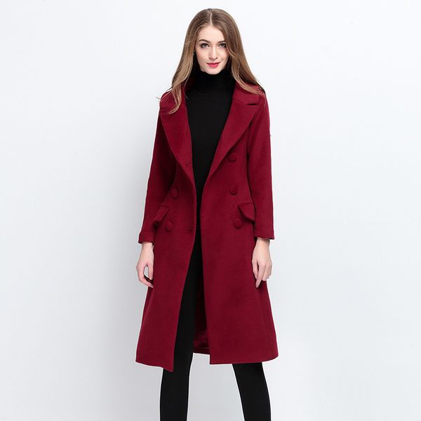 

fashion england style women autumn&winter cashmere coat in a long double-faced wool coat slim woolen, Black