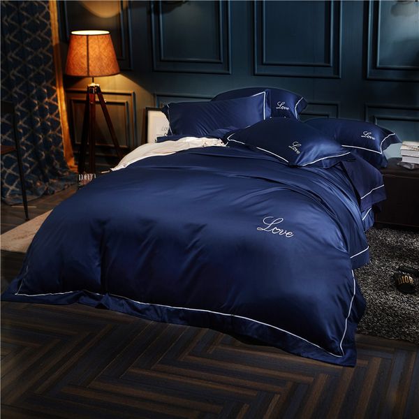 Cotton Imitate Silk Blue Silver White Queen King Size Bedding Sets
