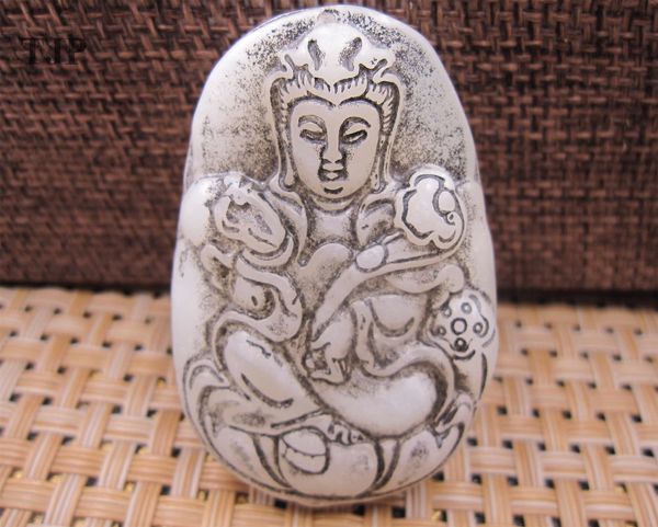 

tjp natural carved wealth old bed of roses guanyin necklace pendant amulet luck white jade buddha pendant certificate together, Silver