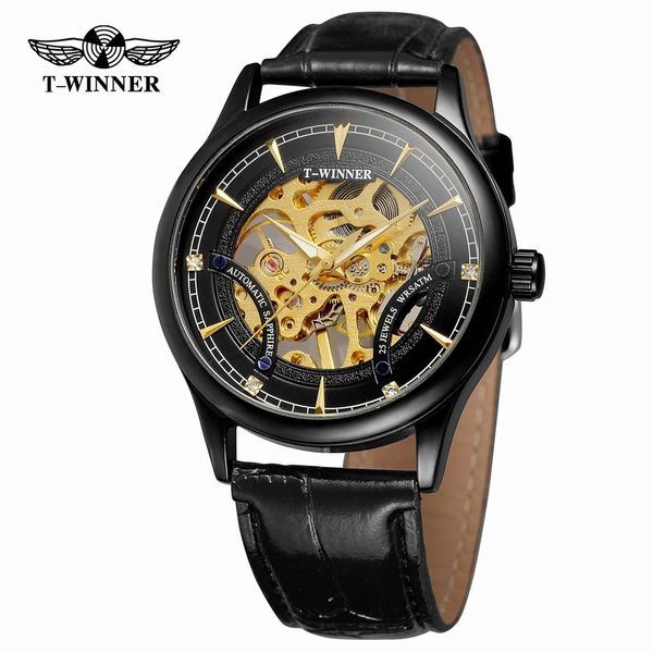 

t-winner skeleton automatic watch men self wind mechanical watches man leather bracelet wristwatches montre homme automatique, Slivery;brown