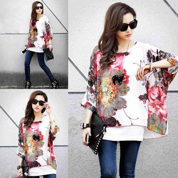 

batwing sleeve 1pcs bohemian 1x blouse chiffon women's lady casual, White