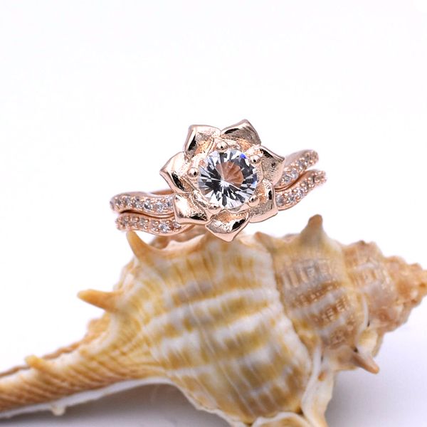 

fashion rose gold color flower wedding ring set for women elegant rose flower zircon rings engagement anniversary party jewelry, Slivery;golden