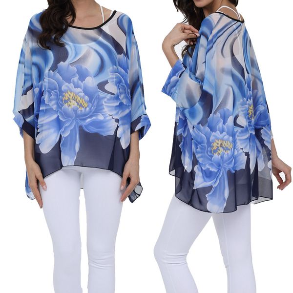 

2018 Women Casual Boho Style thin Chiffon Loose T-shirt Blue Floral Printing Dolman Sleeve Beach Tops Swimwear Cover Blouse L XL