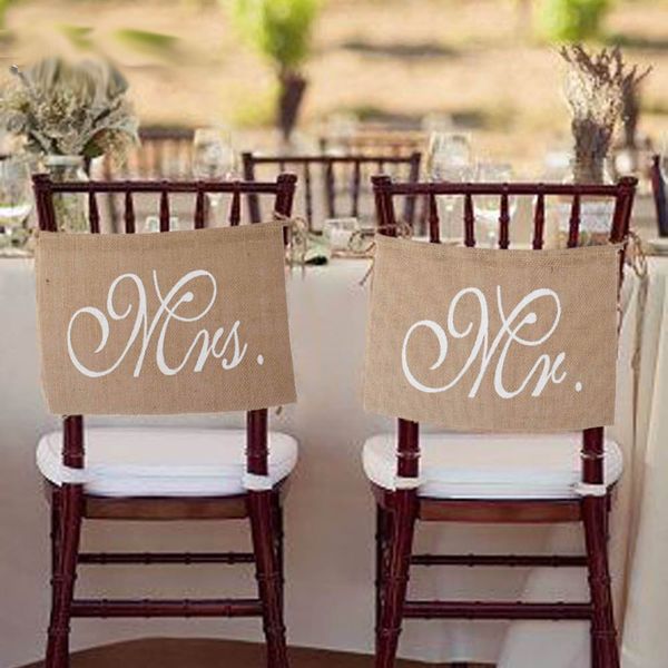 

khaki mr. & mrs. burlap chair banner set chair sign garland rustic wedding party decoration