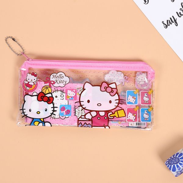 

1set 7pcs/bag hello kitty cat stationery sets pencil case ruler erase zipper bag kids birthday party supplies party favors
