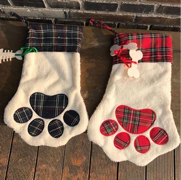 

christmas stocking monogrammed pet dog cat paw gift bag plaid xmas stockings christmas tree ornaments party decor 2 styles