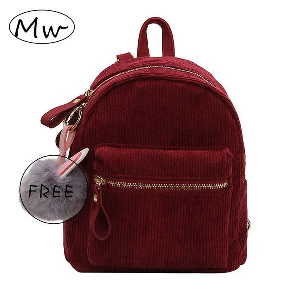 

fashion casual solid corduroy backpack women cat pendant small soft backpack girls school bag female crossbody shoulder bag