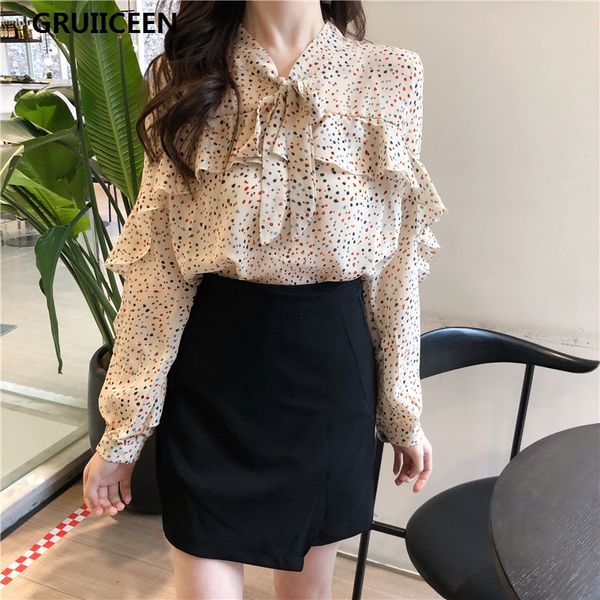 

gruiiceen 2018 new spring bow tie women blouse print ruffles chiffon blouse female shirt long sleeve sg-0819491, White