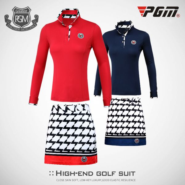 

2018 pgm golf clothes female summer soft slim high elastic sport suit long-sleeved blouse short plaid skirt for women size xs-xl, Black;red