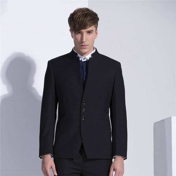 

wholesale and retail black cool mandarin lapel wedding groom tuxedos men suits wedding prom dinner man blazer(jacket+tie+girdle+pants, Black;gray