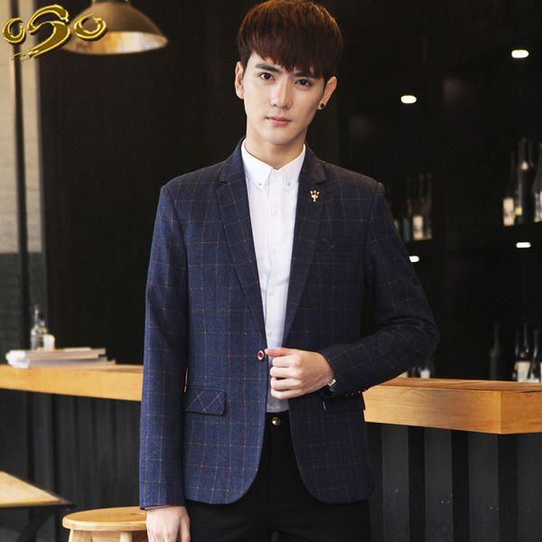 

korean plaid mens blazers casual single button men fitted blazer full sleeve office suit jacket, White;black