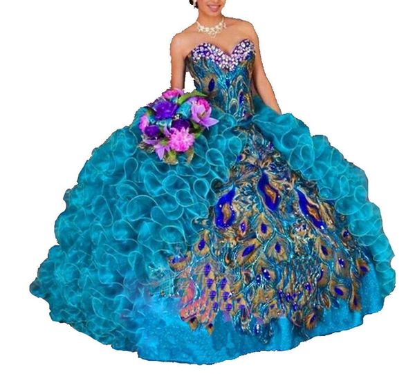 

2019 new peacock embroidery ball gown quinceanera dresses crystals for 15 years sweet 16 plus size pageant prom party gown qc1034, Blue;red