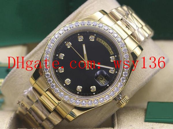 

luxury men's watch 18k yellow gold 41mm president day-date 18038 diamond bezel automatic movement mens wrist watches, Slivery;brown