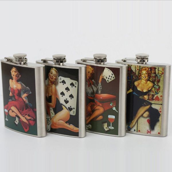 

creative pattern lady 8oz hip flask set women portable stainless steel flagon pocket flask for whiskey with gift box