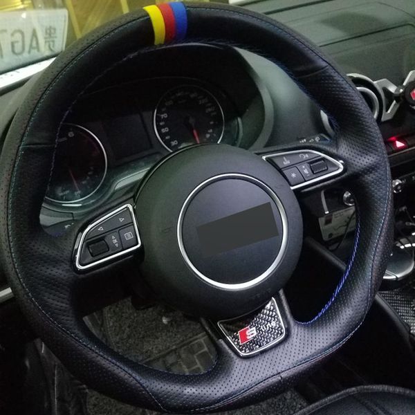 

black genuine leather diy hand-stitched car steering wheel cover for audi a1 a3 a5 a7
