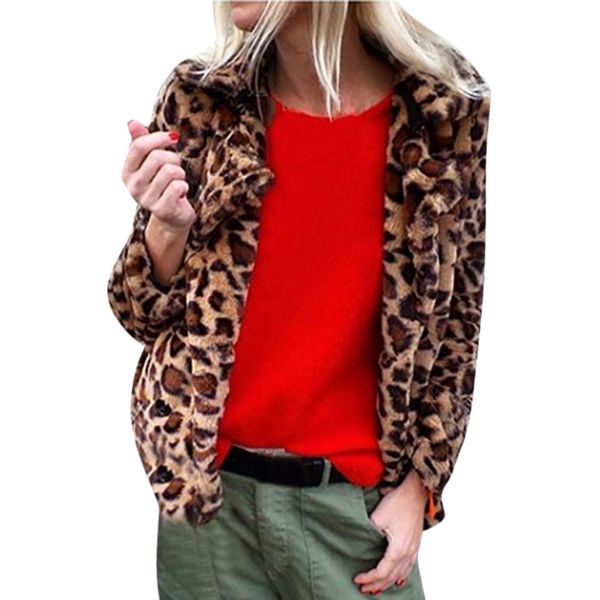 

women winter leopard printed faux fur long sleeve cardigan jacket outwear coat faux fur coat casaco feminino women clothes, Black