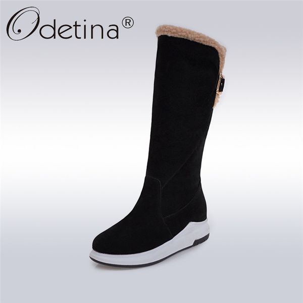 

odetina 2018 fashion winter women buckle strap snow boots flat height increased platform mid-calf boots comfortable warm shoes, Black
